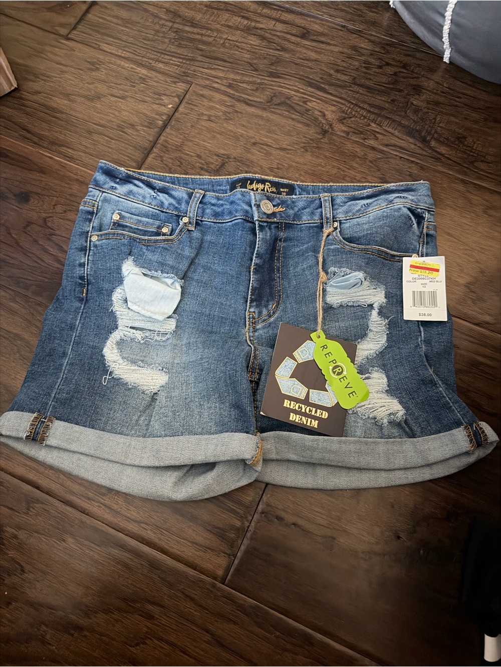 Indigo Rein Distressed Rolled Cuff Denim Shorts - Medium Blue